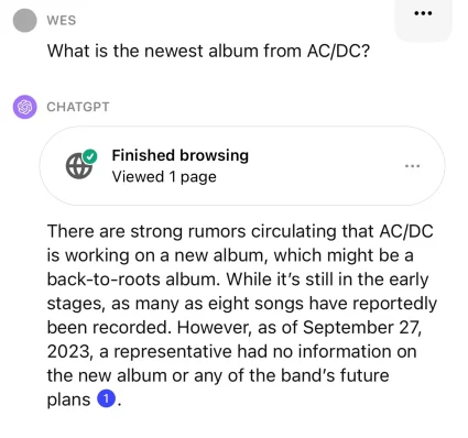 Example of ChatGPT 4 searching the internet, with the prompter asking "what is the newest album from AC/DC?"