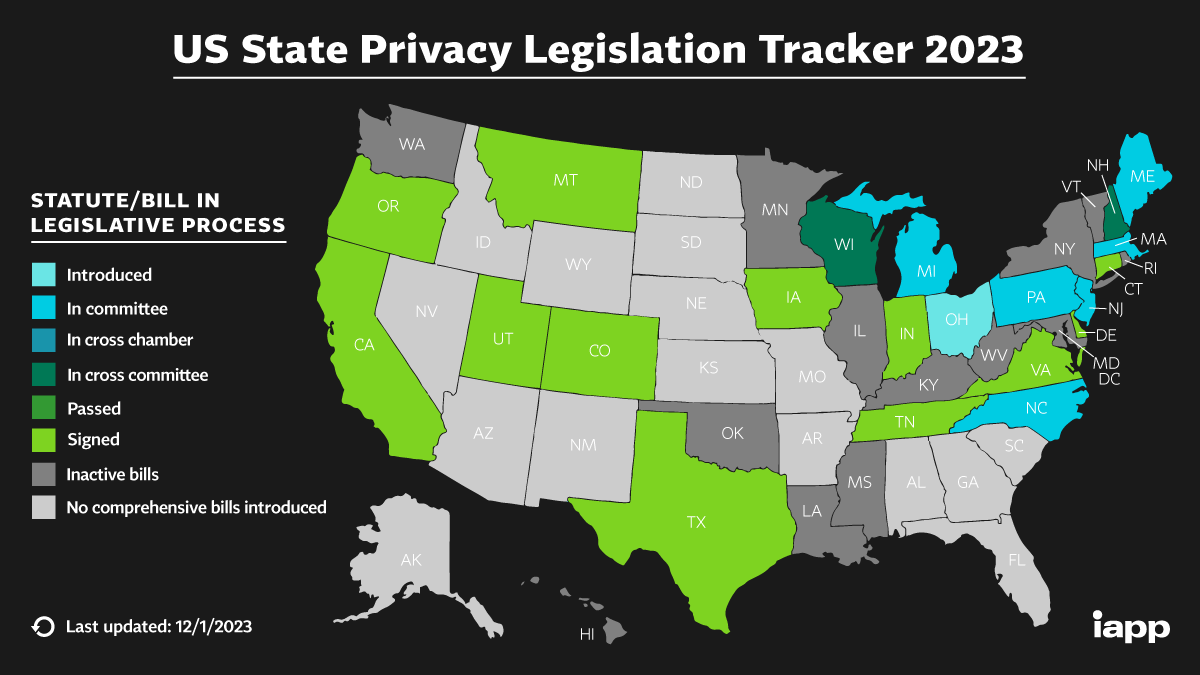 Map showing state-level privacy legislation progress
