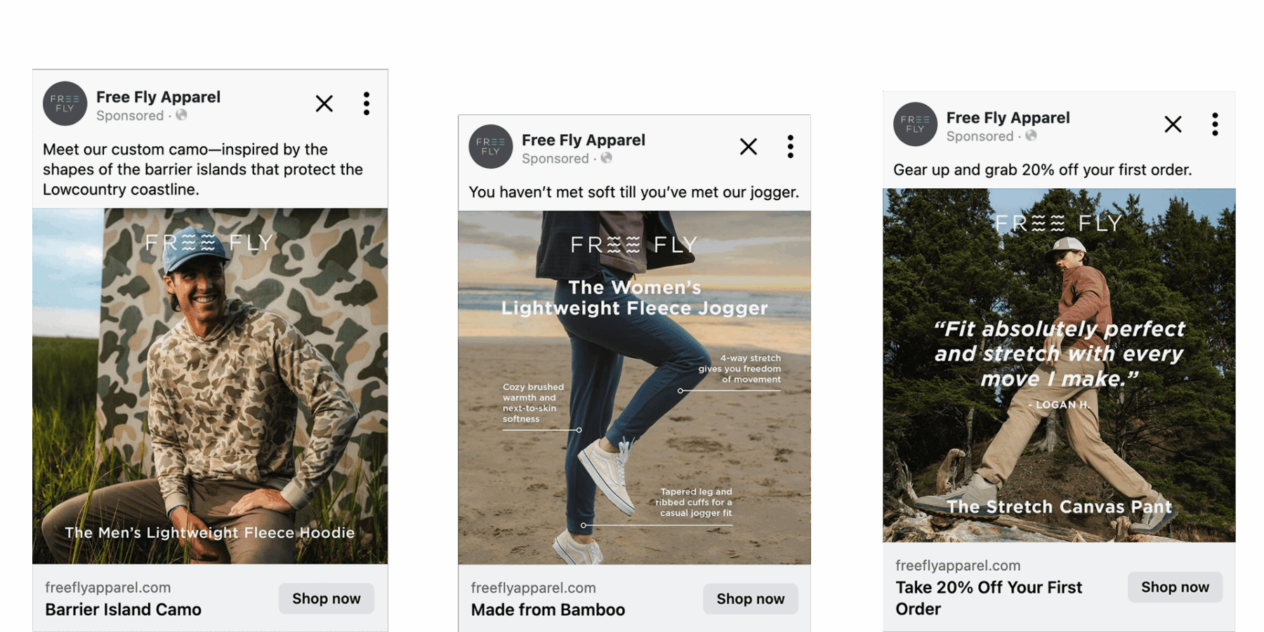 Three Free Fly Apparel ads show men and women outdoors modeling casual clothing, highlighting features like camo hoodies, fleece joggers, and a 20% off offer on stretch canvas pants.