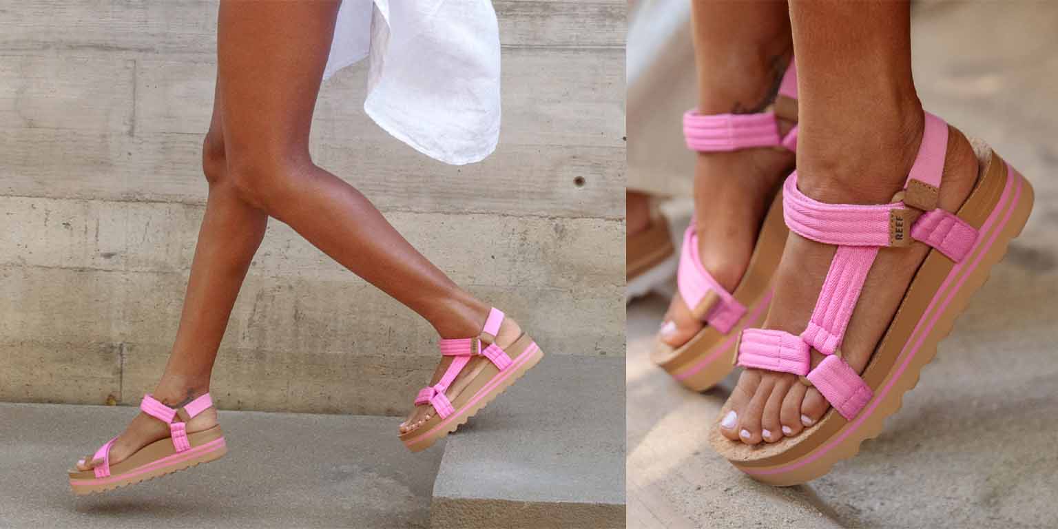 Side-by-side photos of a woman wearing pink Reef sandals