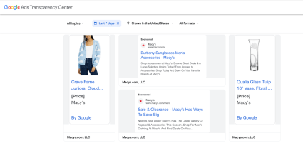 Google Ads Transparency Center showing a sale
