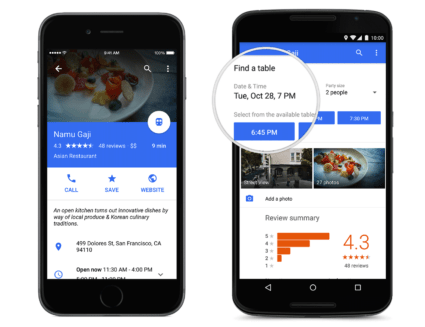Images of two phones showing screenshots of making a reservation via Google Maps