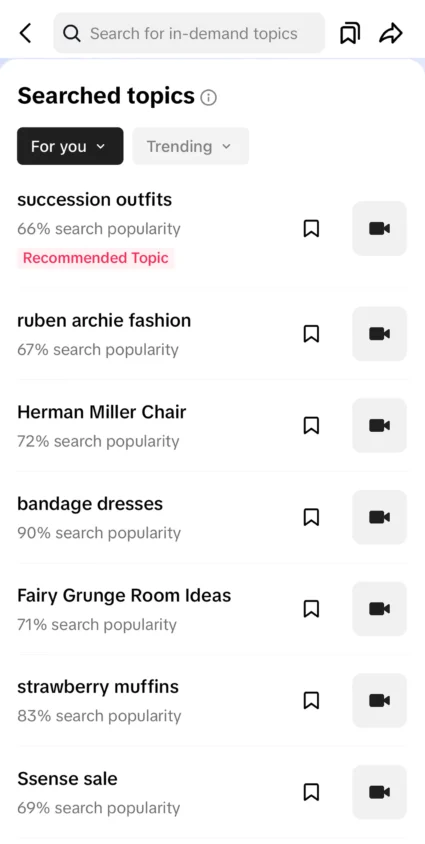 A screenshot of TikTok trending searches