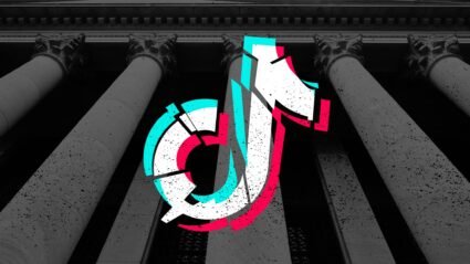 A TikTok logo fragmented over a courthouse.