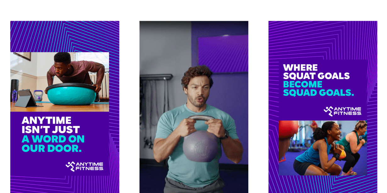 Three vertical banners for Anytime Fitness show people exercising with gym equipment and motivational text promoting fitness and teamwork.