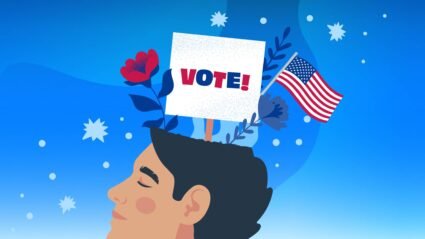 Graphic of a man with a vote sign inside his head