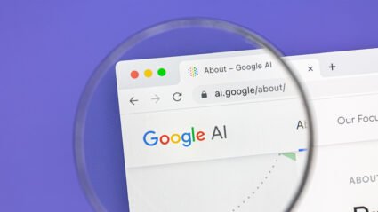 A graphic of the Google search bar with Google AI