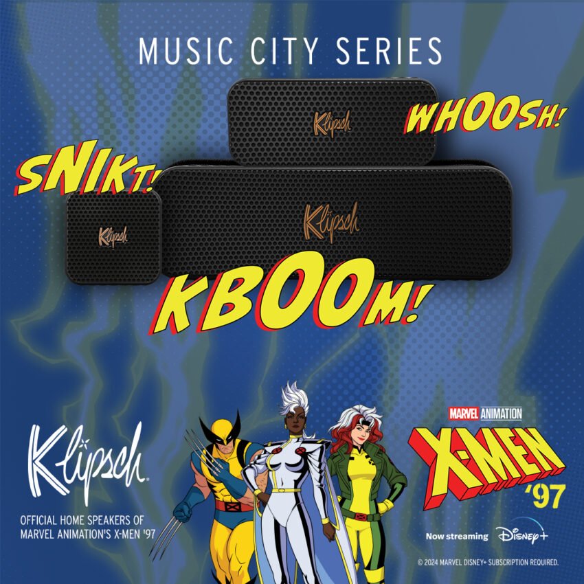 Three Klipsch speakers are displayed with comic book sound effects, alongside X-Men: 97 characters Wolverine, Storm, and Rogue, and branding for Klipsch and Marvel Animation’s X-Men: 97.