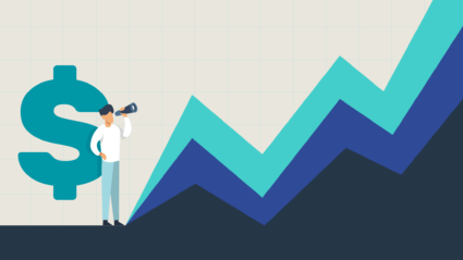 Graphic showing a person looking at a financial chart