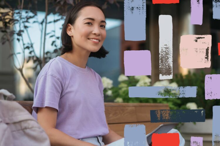 A woman in a light purple shirt sits on a bench outdoors, smiling. Abstract colorful rectangles are overlaid on the right side of the image.
