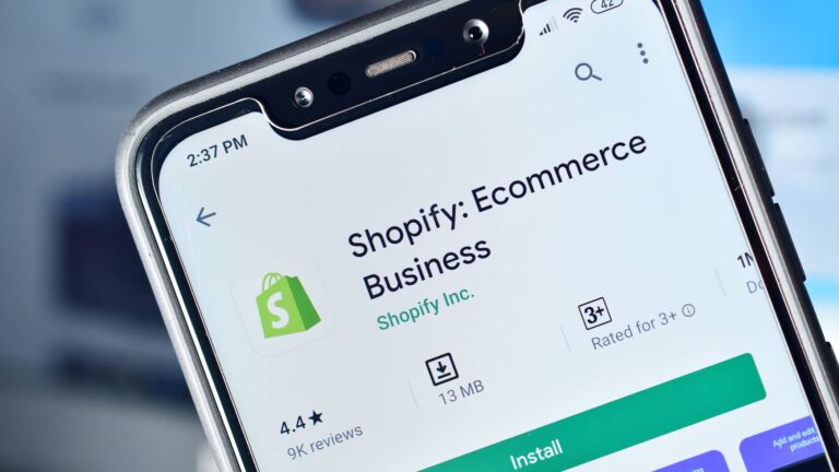A smartphone screen displays the Shopify: Ecommerce Business app page in the Google Play Store, showing the app icon, name, rating, size, and install button.
