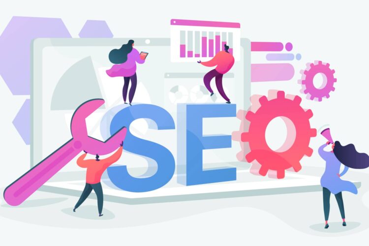 Illustration of four people interacting with large "SEO" letters, a wrench, gears, and digital charts, symbolizing search engine optimization and teamwork.