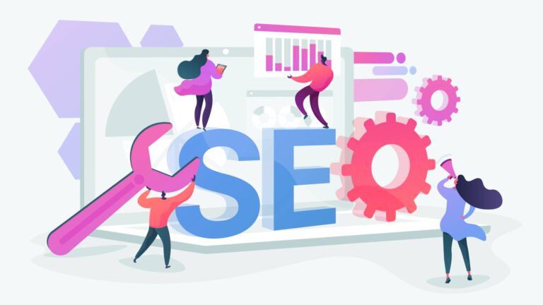 Illustration of four people interacting with large "SEO" letters, a wrench, gears, and digital charts, symbolizing search engine optimization and teamwork.