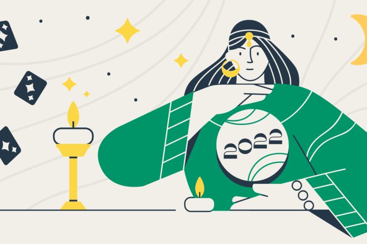 Illustration of a fortune teller holding a crystal ball labeled "2022," with candles, floating cards, stars, and a crescent moon in the background.