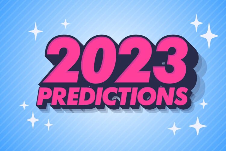 Bold pink text reads "2023 Predictions" on a blue diagonal striped background with white star accents.