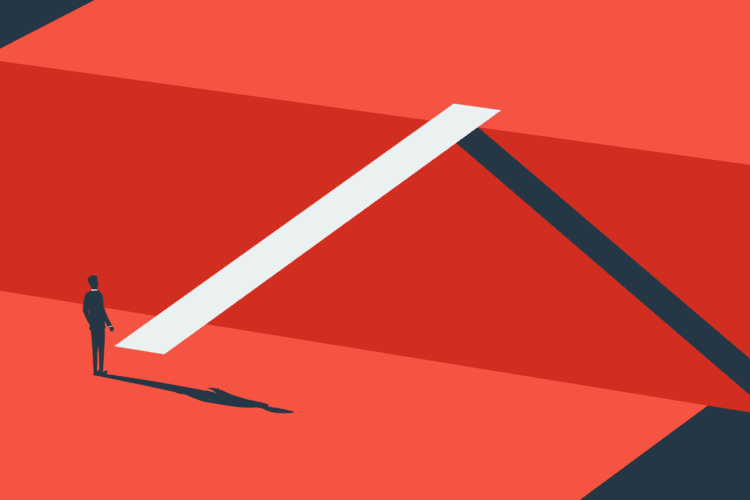 A person stands on a red geometric surface, casting a shadow next to a large white diagonal bar and dark angular shapes.