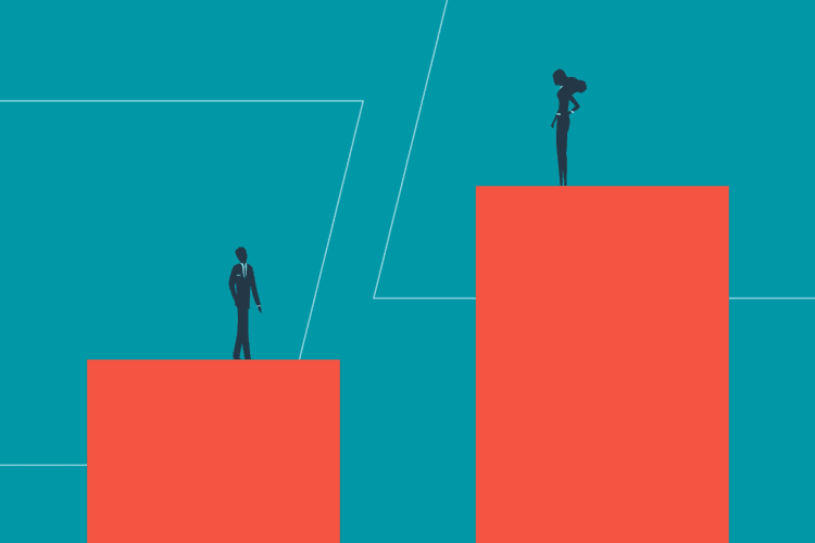 Two silhouetted figures stand on separate red blocks of different heights against a blue background, with one figure positioned higher than the other.