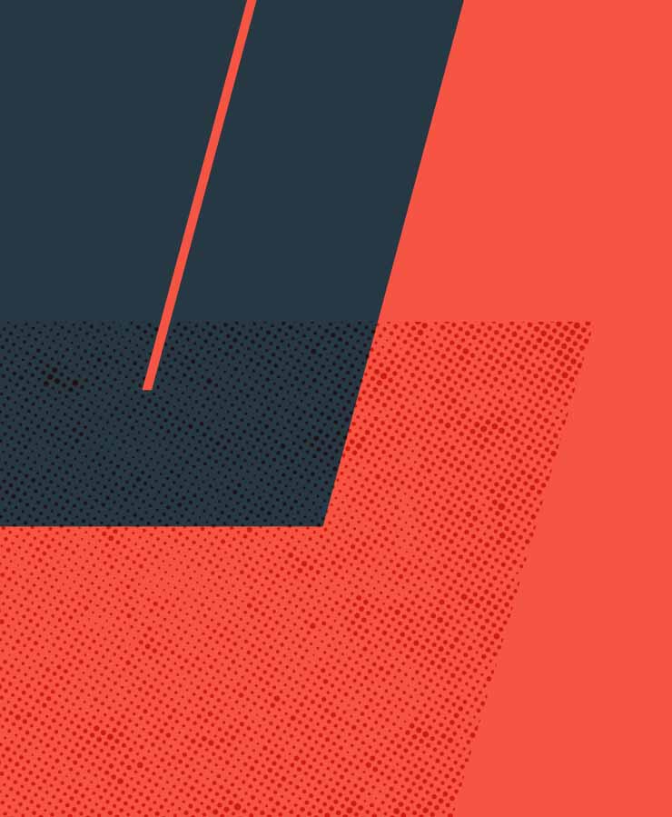 Abstract geometric composition with large overlapping red and dark blue shapes, including a dotted pattern and sharp diagonal lines.