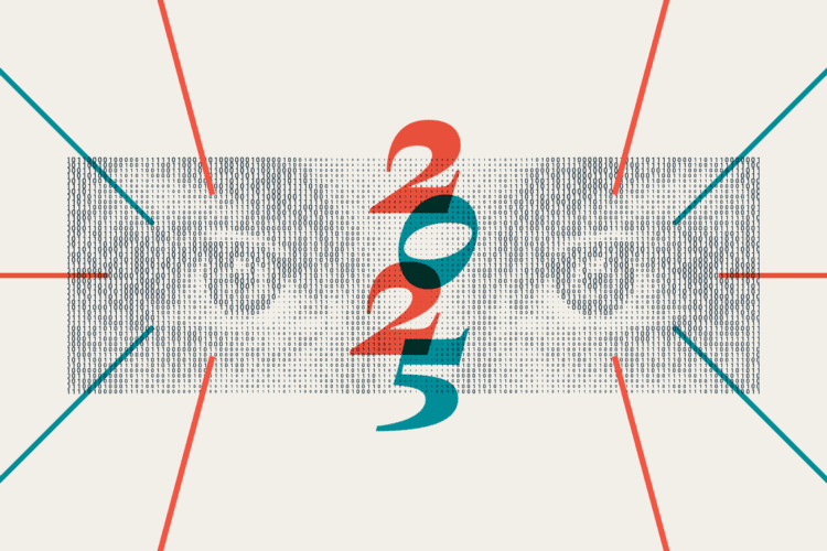 Stylized eyes in a dotted pattern are overlaid with bold “2025” numbers, intersected by red and blue lines radiating outward, on a light background.