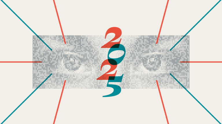 Stylized eyes in a dotted pattern are overlaid with bold “2025” numbers, intersected by red and blue lines radiating outward, on a light background.