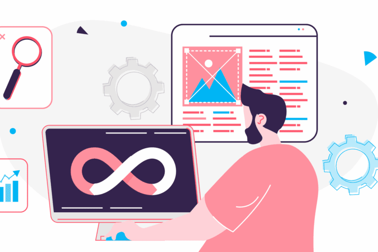 A person at a desk uses a computer displaying an infinity symbol, with gears, charts, and a large image editor interface in the background.