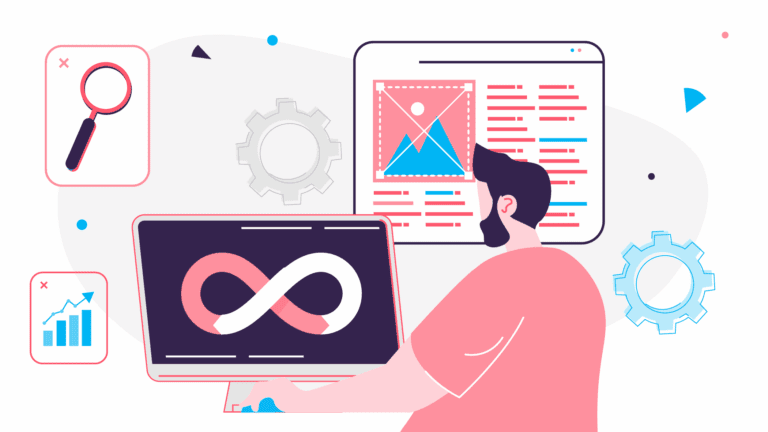 A person at a desk uses a computer displaying an infinity symbol, with gears, charts, and a large image editor interface in the background.