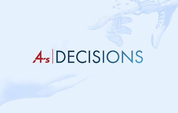 Light blue image with the text "AIs DECISIONS"; a human hand reaches up from the bottom left and a robotic hand reaches down from the top right.
