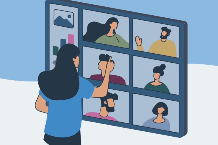 Illustration of a person interacting with a large screen displaying a virtual video call with six participants and some charts on the side.