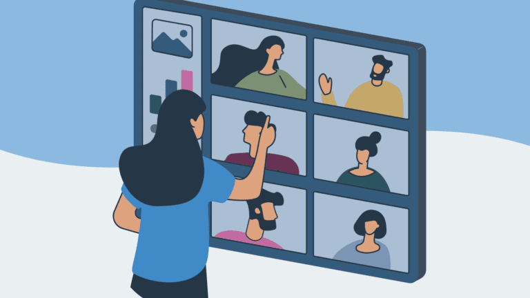 Illustration of a person interacting with a large screen displaying a virtual video call with six participants and some charts on the side.