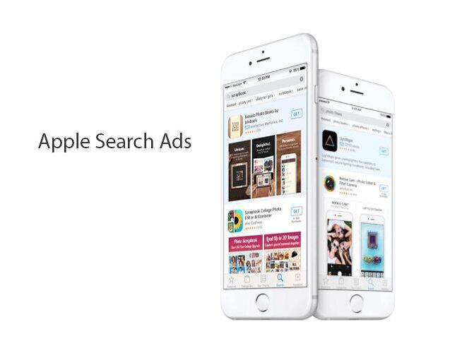 Two iPhones display Apple Search Ads in the App Store, showing promoted app listings on search results pages. Text reads "Apple Search Ads" on a white background.