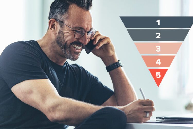A man smiling while talking on the phone and writing notes, with a five-level inverted pyramid chart labeled 1 to 5 shown beside him.