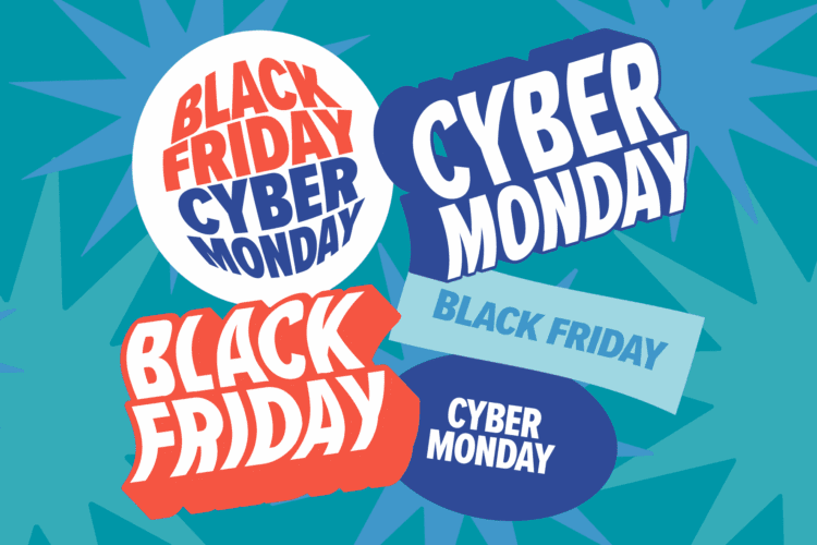 Graphic with bold text reading "Black Friday" and "Cyber Monday" in various fonts and colors on a blue background with starburst shapes.