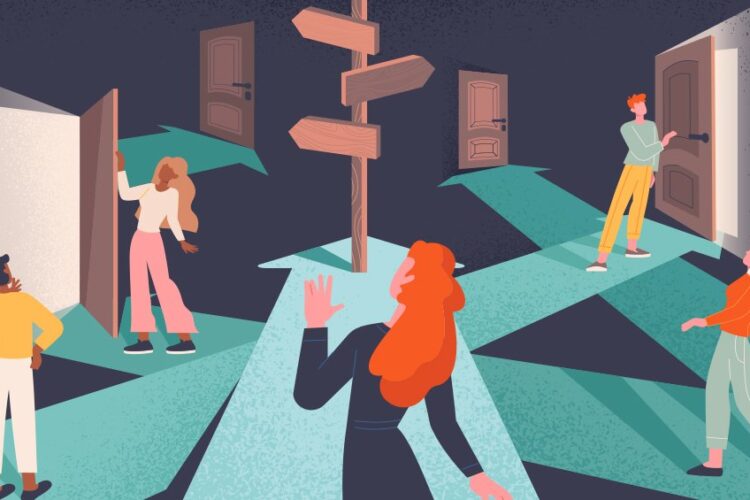 Illustration of five people standing at a crossroads with arrows and open doors, each person facing a different path or doorway, suggesting decision-making or choices.