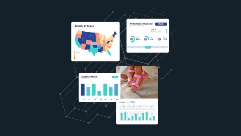 A collage showing a US map with colored regions, analytics dashboard, bar charts, and a close-up of a child’s feet in pink sandals.