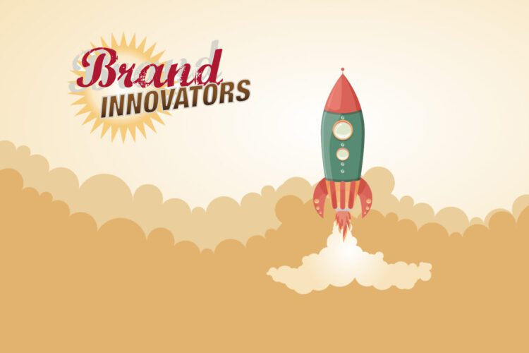 Illustration of a red and green rocket launching into the sky with the text "Brand Innovators" above it, set against a background of clouds and a light beige sky.