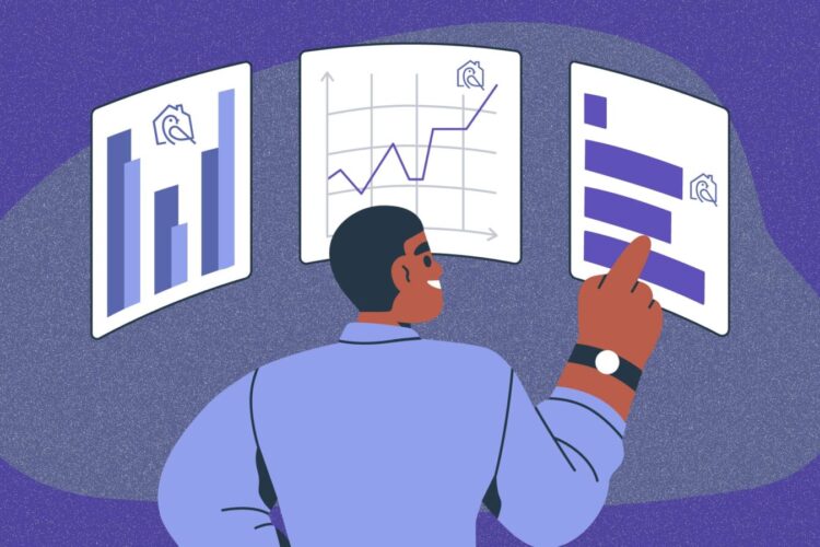 An illustrated person examines three data charts, including bar and line graphs, on a purple background.