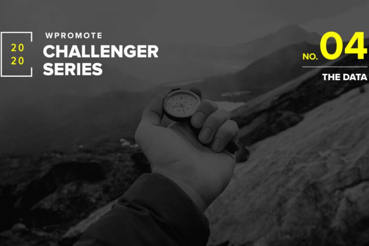 A person holds a compass in a mountainous outdoor setting. Text reads "Wpromote Challenger Series 2020, No. 04 The Data.