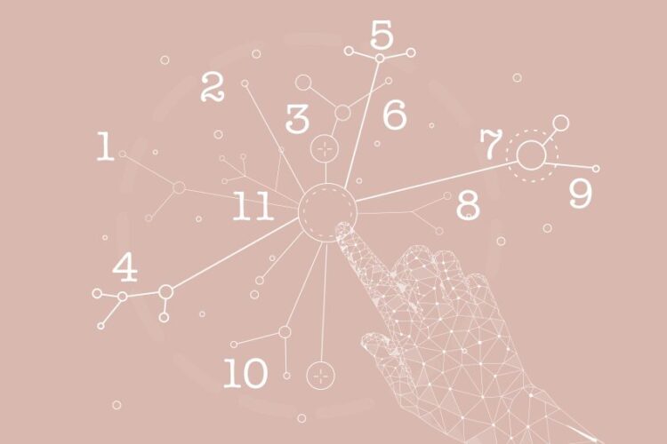 A polygonal hand points at a central circle connected by lines to numbers 1 through 11 on a pale pink background, representing a network or digital interface.
