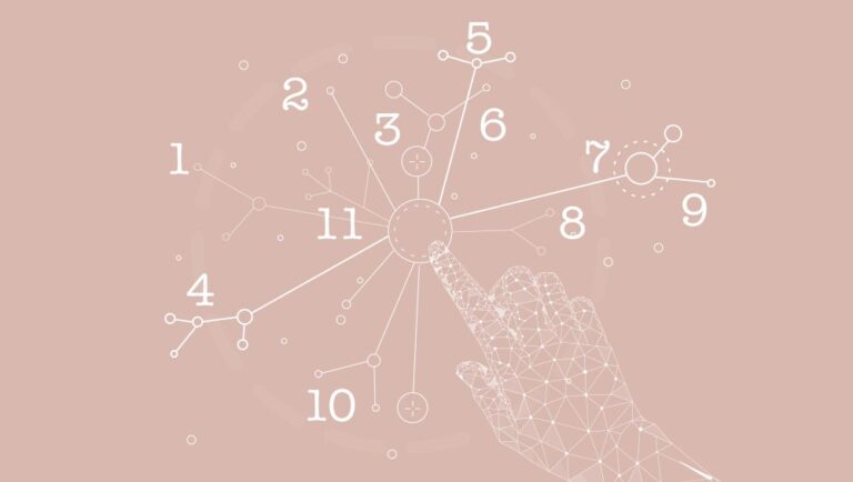 A polygonal hand points at a central circle connected by lines to numbers 1 through 11 on a pale pink background, representing a network or digital interface.