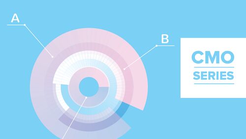 A circular data chart with two labeled sections, A and B, is displayed on a blue background next to a white box with the text "CMO SERIES.