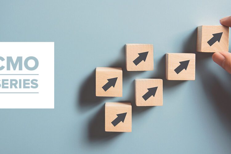 A hand arranges wooden blocks with upward arrows beside a “CMO Series” label on a light blue background.