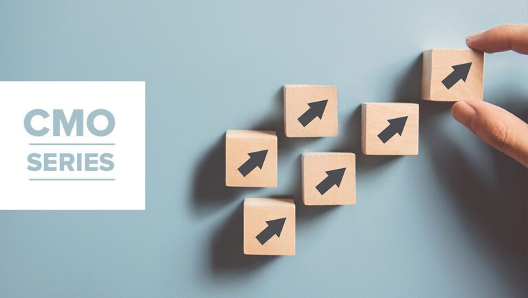 A hand arranges wooden blocks with upward arrows beside a “CMO Series” label on a light blue background.