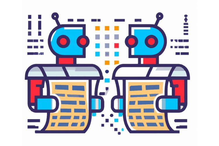 Two robots facing each other, each holding a sheet of paper, with abstract digital code elements in the background.