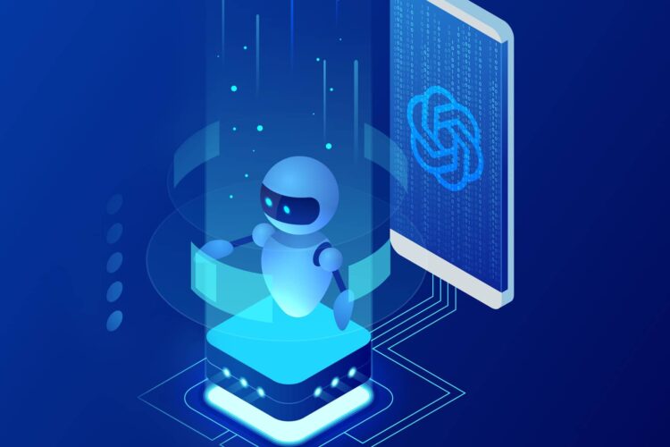 A digital illustration shows a small robot emerging from a glowing platform, with a large virtual screen displaying the OpenAI logo in the background.