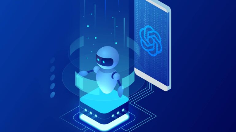 A digital illustration shows a small robot emerging from a glowing platform, with a large virtual screen displaying the OpenAI logo in the background.
