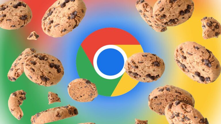 Google Chrome logo in the center with multiple chocolate chip cookies floating around it on a colorful background.