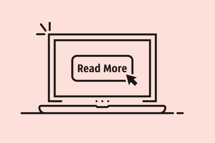 Line drawing of a laptop displaying a "Read More" button with a cursor pointing at it, set against a light pink background.