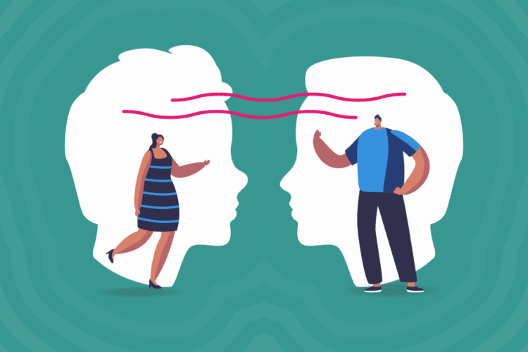 Illustration of a woman and man standing inside white silhouette profiles, with lines connecting their eyes, set against a teal background.