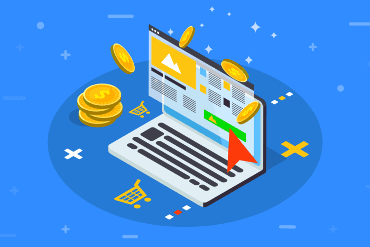 An illustration of a laptop displaying web pages with gold coins, shopping carts, and a large red cursor, representing online shopping or e-commerce.