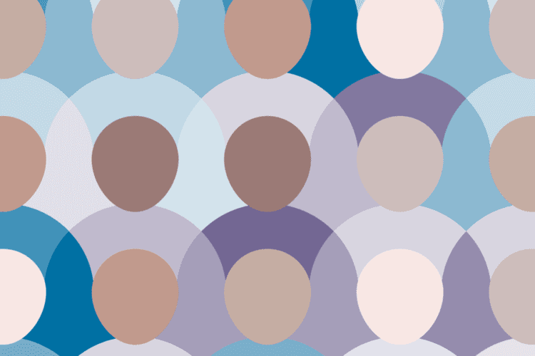 A pattern of overlapping circles in shades of blue, beige, purple, and white, arranged in a grid with varying levels of transparency.